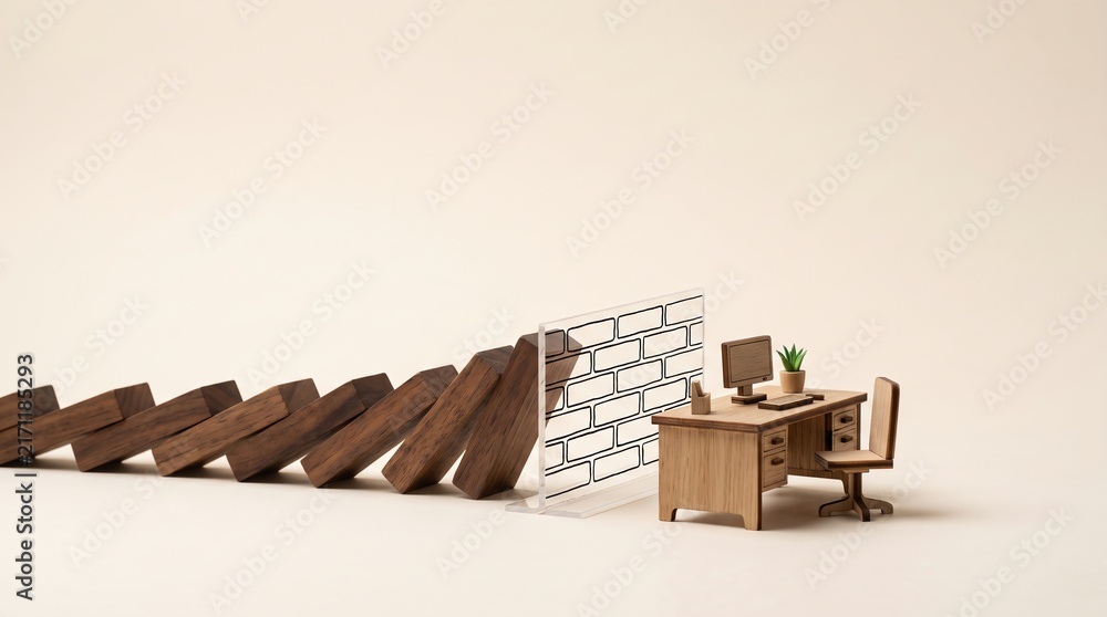 Obraz premium Office desk protected from falling dominoes by brick wall barrier