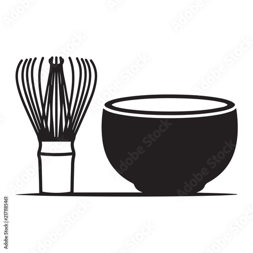 Japanese Matcha Tea Whisk and Bowl Black Silhouette Vector Illustration for Tea House Logo and Zen Icon.