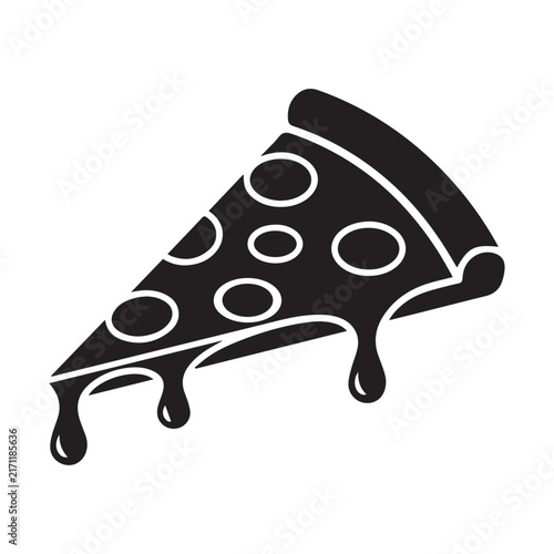 Slice of Pizza with Melting Cheese Black Silhouette Vector Illustration for Pizzeria Logo and Fast Food Icon.