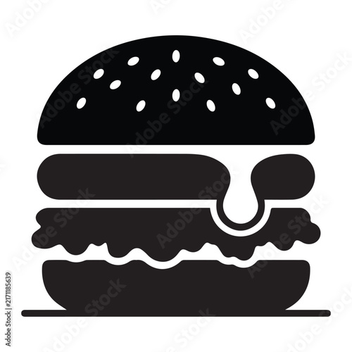 Tasty Burger Black Silhouette Vector Illustration for Fast Food Restaurant Logo and Cheeseburger Icon.