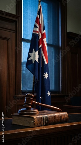Australian judge gavel on law book in courtroom with national flag in background