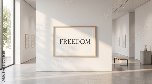 A wooden framed poster featuring the word freedom hanging on a bright white gallery wall with minimalist gallery interior wooden frame with frame displaying, central wooden