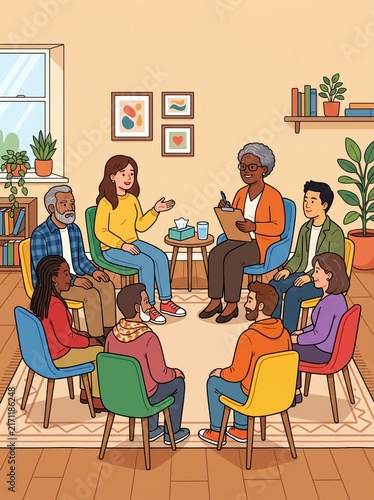 Illustrated support group meeting with older facilitator taking notes while participants share and listen in cozy community room, warm inclusive atmosphere