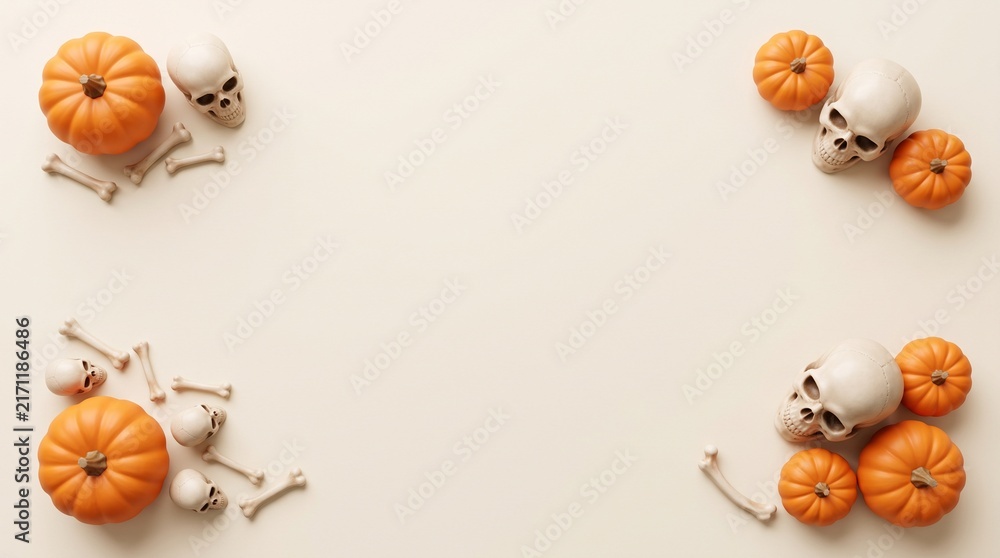 Obraz premium Halloween pumpkins and decorative skulls arranged on a neutral cream background