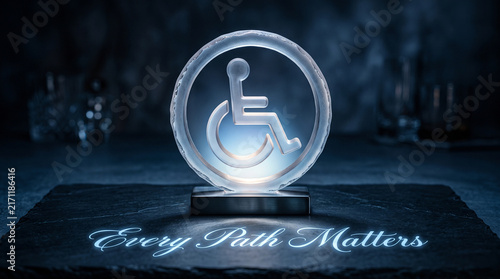 Frosted glass accessibility symbol trophy with illuminated text on a dark slate surface background with circular accessibility sign slate base glowing sign rests