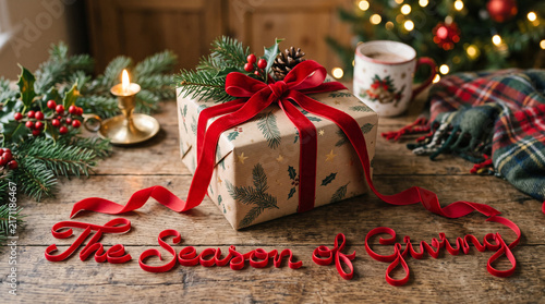 A wrapped christmas gift box with a red velvet ribbon on a rustic wooden table with surrounded holiday decorations festive gift ribbon sits celebration atmosphere