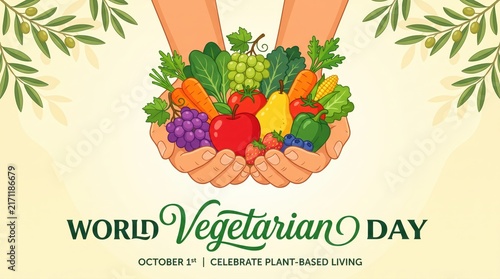 Two hands holding vibrant assortment of vegetables and fruits for world vegetarian day banner, plant based living and community harvest theme with organic sustainable message