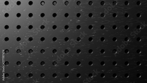 Black Metallic Perforated Sheet Metal Texture Background with Circular Holes