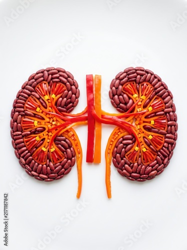 Kidney shaped anatomical concept formed from red beans and sliced red pepper arranged on white background medical food art illustrating organ structure and nutrition