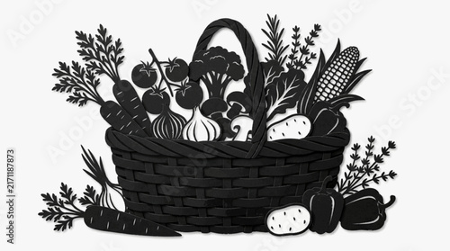 Fresh Vegetables and Organic Produce in Woven Basket, Minimal Black and White Food Illustration