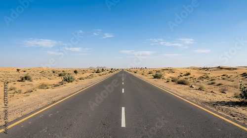 Long highway path or road stretching through desert landscape of Rajasthan India representing travel adventure and arid scenery Highway path road in Desert of Rajasthan India memorial long highway
