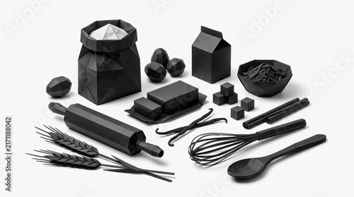 Baking Ingredients and Kitchen Utensils Collection in Minimal Black and White Illustration
