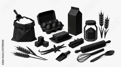 Baking Ingredients and Pastry Supplies Collection, Minimal Black and White Food Illustration