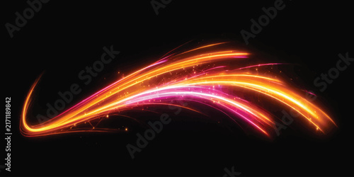Abstract fiery orange and magenta glowing light trails with sparkling particles on dark background neon light glow effect streaks sparkling dust pink magic spark energy flow