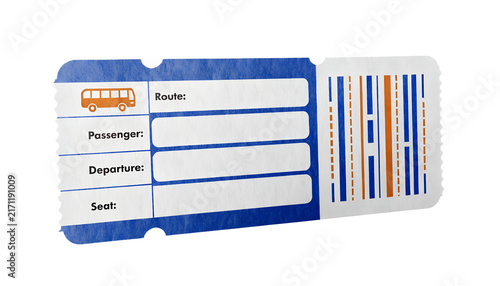 A realistic modern intercity bus ticket, isolated PNG, transparent background, horizontal paper ticket with clean rounded corners and subtle perforation, fresh blue and warm orange travel design