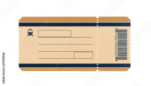 A realistic modern train ticket, isolated PNG, transparent background, horizontal rectangular paper ticket with subtle perforated edge, elegant navy blue and beige railway design, small generic train 