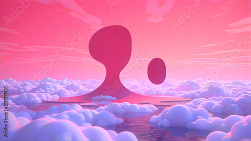 Surreal landscape with abstract pink shapes floating above a sea of clouds at sunset.