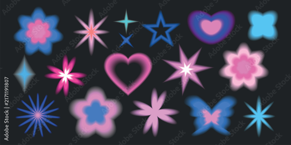 Colorful vector shapes: stars, hearts, and flowers on a dark background.
