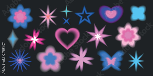 Colorful vector shapes: stars, hearts, and flowers on a dark background.