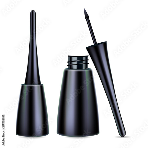 Liquid eyeliner makeup bottle and applicator on transparent background