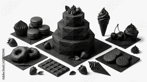 Chocolate Layer Cake and Assorted Desserts with Minimal Black and White Food Illustration