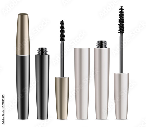 Elegant mascara tubes and wands on transparent background
