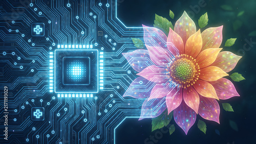 A vibrant colorful flower merging with a glowing blue digital circuit board background.
