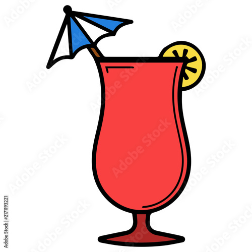 Obraz na plátně A vibrant red tropical cocktail, adorned with a decorative umbrella and a slice of lemon, stands ready to quench thirst in a stylized illustration