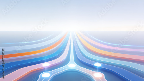 Abstract background featuring glowing light paths converging into a central digital network node.