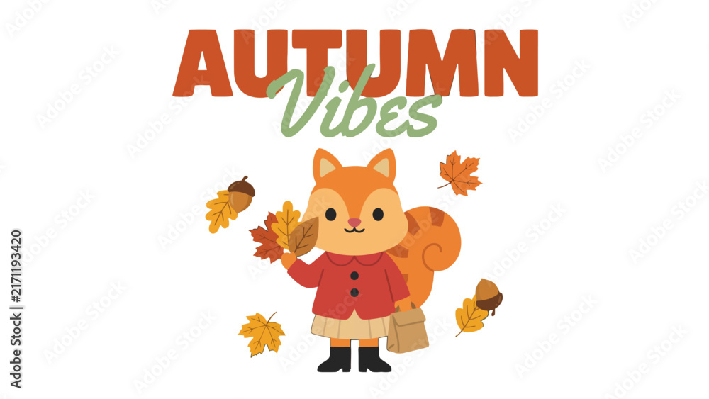 Fototapeta premium A charming fox character illustration with autumn leaves and a shopping bag stands against a black background fall