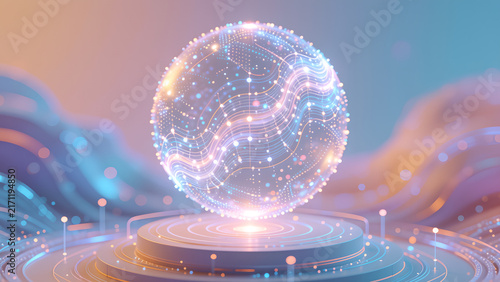 Abstract glowing digital sphere floating above a futuristic circular platform with soft pastel background.
