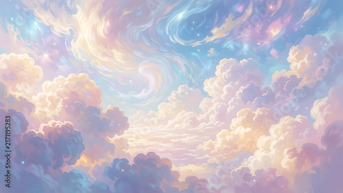 Dreamy pastel sky with soft fluffy clouds and magical ethereal light.