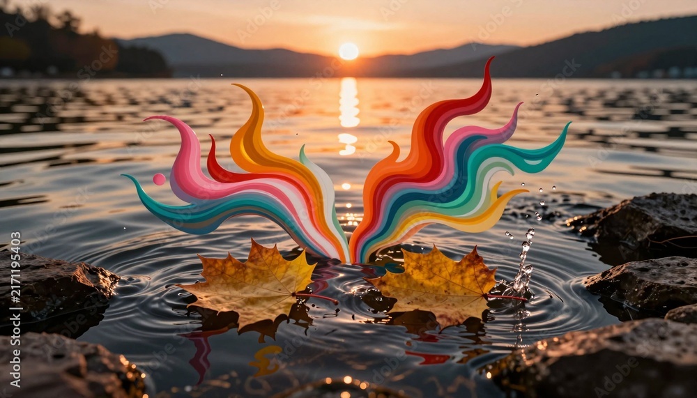 Fototapeta premium Vibrant Flame Sculptures and Maple Leaves at Sunset Over Lake