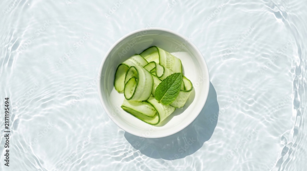 Obraz premium Refreshing Cucumber Slices and Mint in White Bowl over Rippled Water