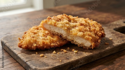 Golden Crispy Breaded Chicken Schnitzel on Rustic Wooden Board