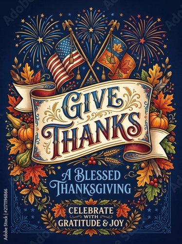 Give thanks ornate thanksgiving poster with crossed american flags pumpkins autumn foliage fireworks ribbon greeting celebrate gratitude and joy