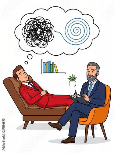 Businessman lying on chaise talking with male therapist taking notes in modern office illustration thought bubble showing tangled lines transforming to spiral