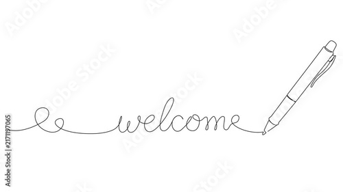animated continuous line drawing of a pen writing the word welcome, minimalist line art animation