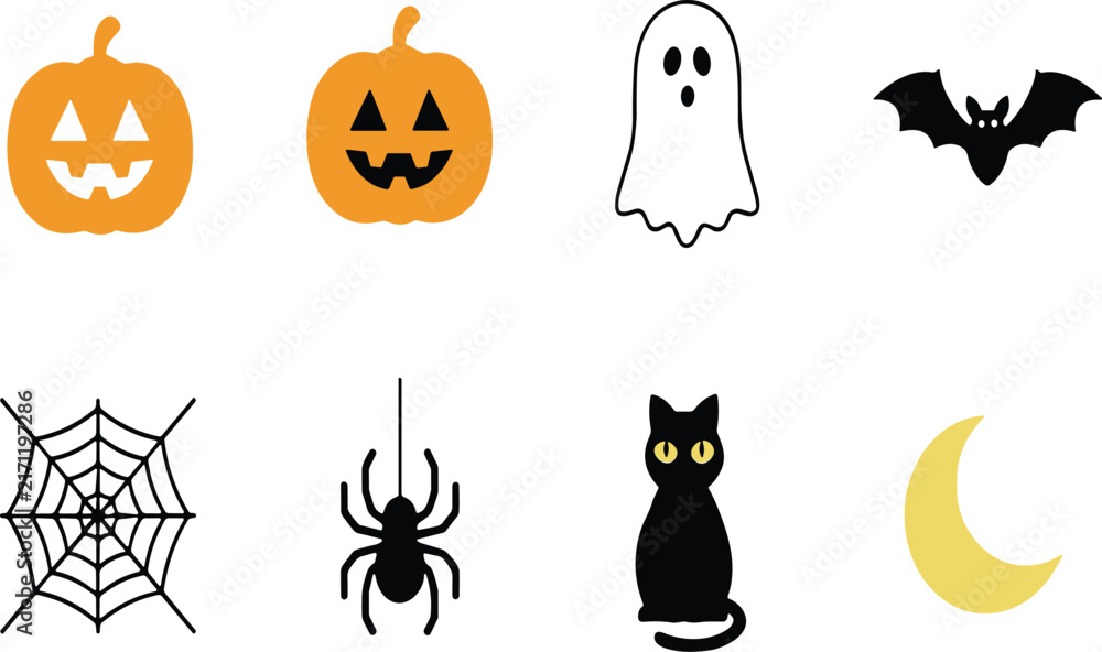 Fototapeta premium Set of flat Halloween featuring pumpkins, ghost, bat, spider, web, cat, and crescent moon vector illustration EPS PNG file