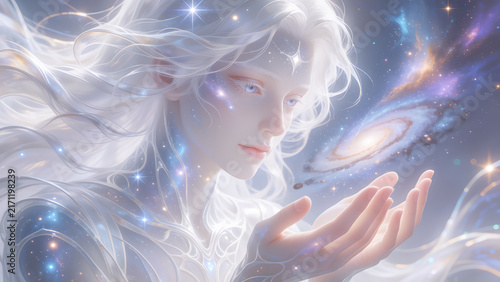 Ethereal celestial being holding a glowing spiral galaxy in their hands.