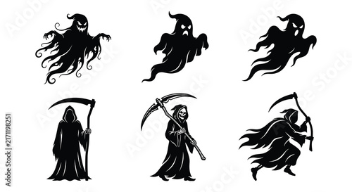 Foto Black vector silhouettes of grim reapers and ghostly figures