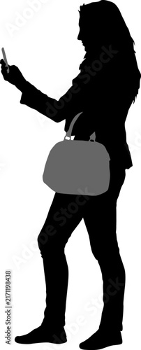 Black silhouette of woman taking selfie with smartphone on white background