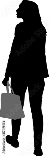 Black silhouette of woman walking with shopping bag on white background