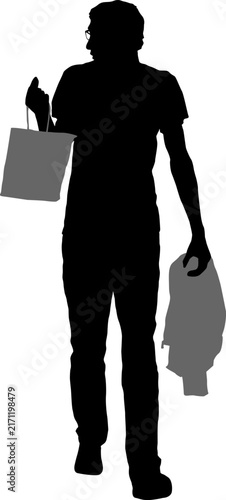 Black silhouette of man carrying shopping bag in hand on white background