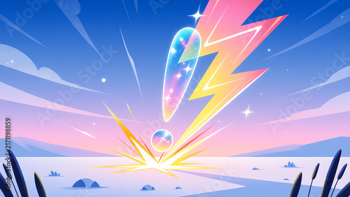 Abstract illustration of a glowing exclamation mark symbol with lightning bolt energy on a colorful landscape background.