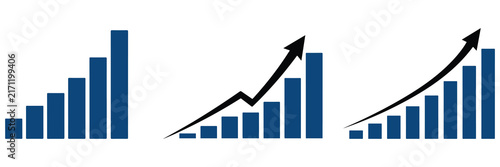Set of three business bar charts showing financial growth and positive trends with upward pointing arrows