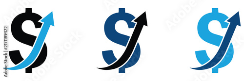 Set of financial dollar sign icons with upward trending arrows representing business growth and economic success