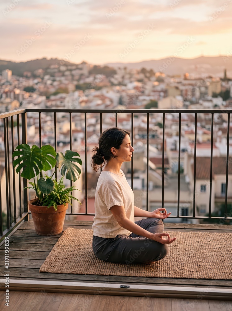 Fototapeta premium Woman meditating in lotus pose on balcony mat overlooking cityscape at sunrise, outdoor urban meditation and mindful morning routine with potted plant