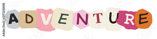 The word adventure written in a creative ransom note style using colorful cut out paper letters against a plain white background