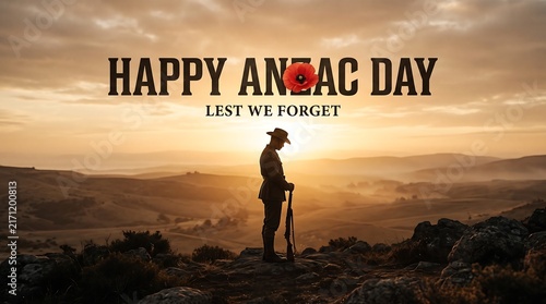 Plakat Silhouette of a soldier remembering fallen comrades on anzac day